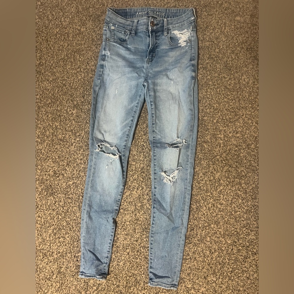 American Eagle Outfitters Blue Skinny Jeans with Distressed Details